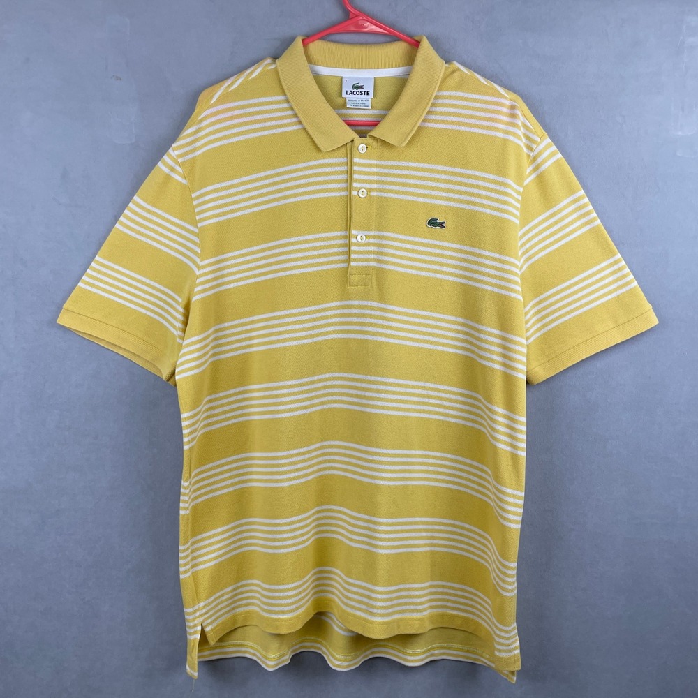 VTG Lacoste Men Stripe Polo Shirt Yellow Cotton Short Sleeve 7 XXL Iconic Bright